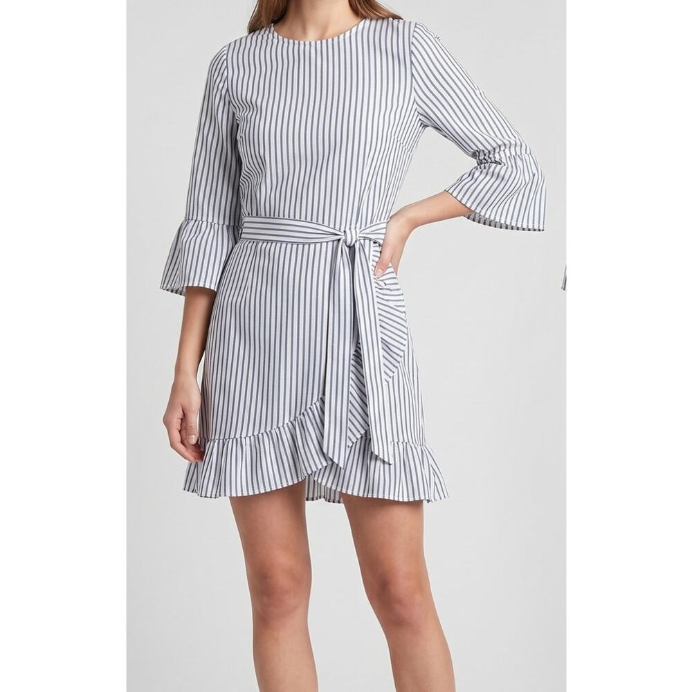 Who What Wear Medium Blue White Striped Belted Dress 3/4 Sleeve Cotton